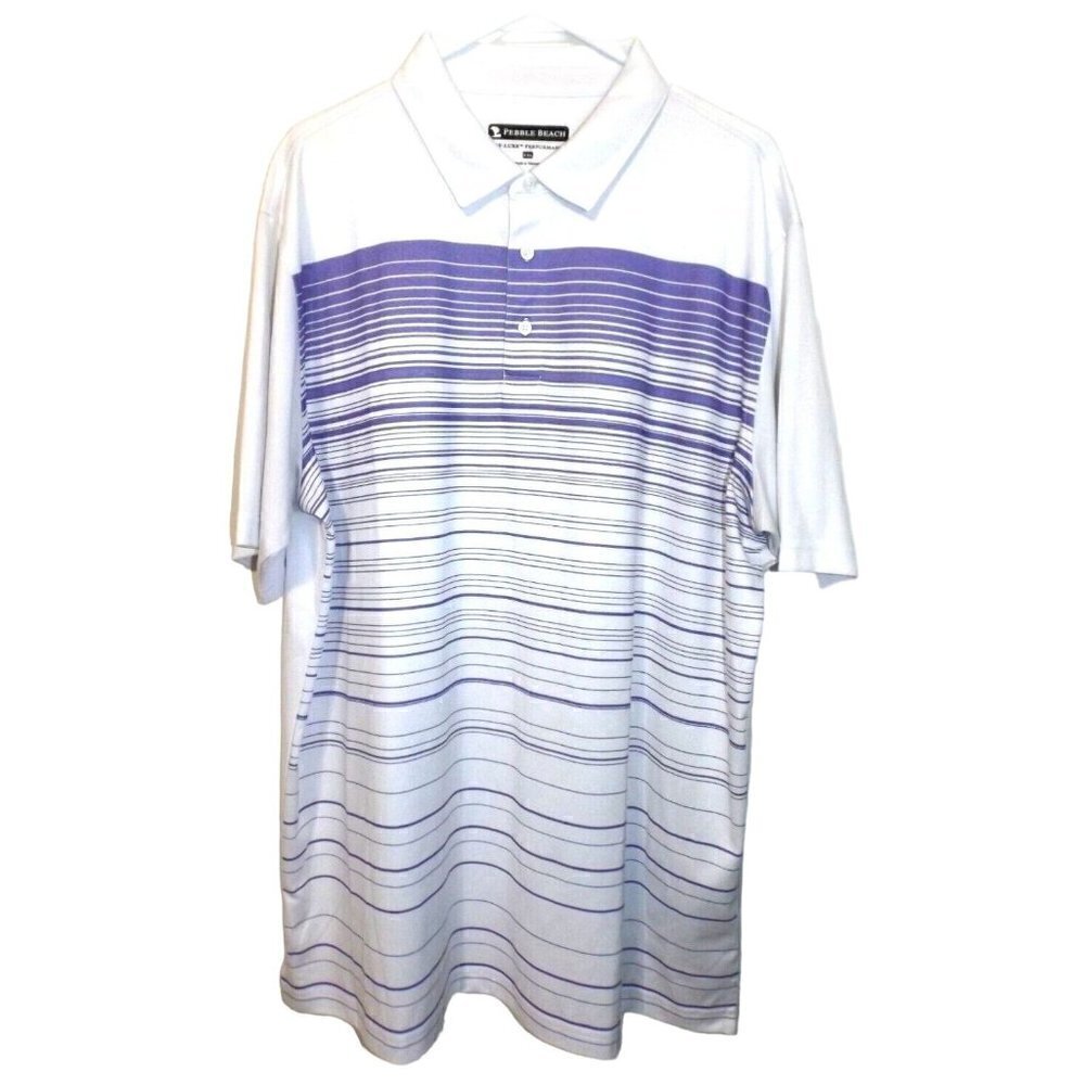 Pebble Beach 2X dry-luxe performance golf shirt purple white stripe